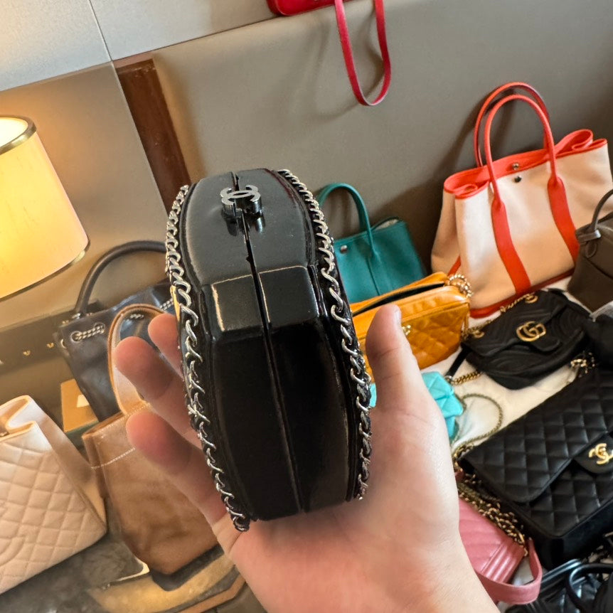 Preloved Chanel Black Chain Embellished Leather Clutch Bag