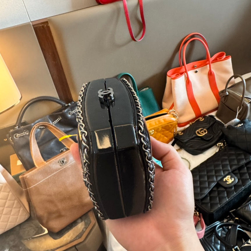 Preloved Chanel Black Chain Embellished Leather Clutch Bag