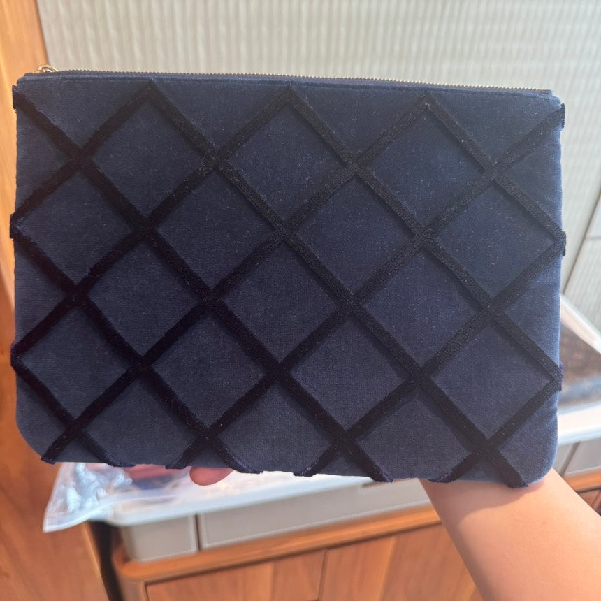 Preloved Chanel Navy Clutch Bag Quilted Suede