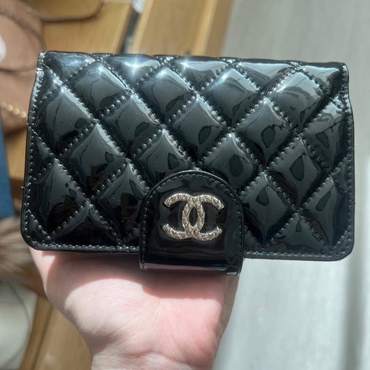 Chanel Black Patent Leather Quilted Wallet