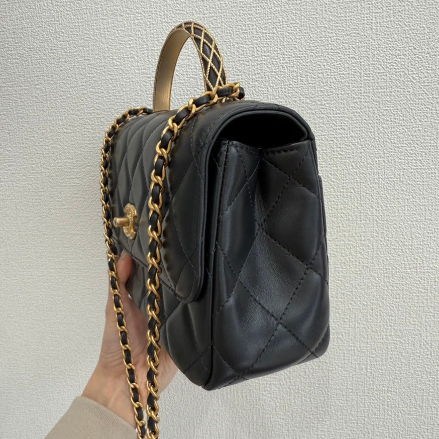 Chanel Calfskin Top Handle 2way Bag GT3433 Black Leather