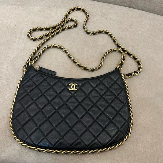 Chanel Black Quilted Leather Hobo Bag