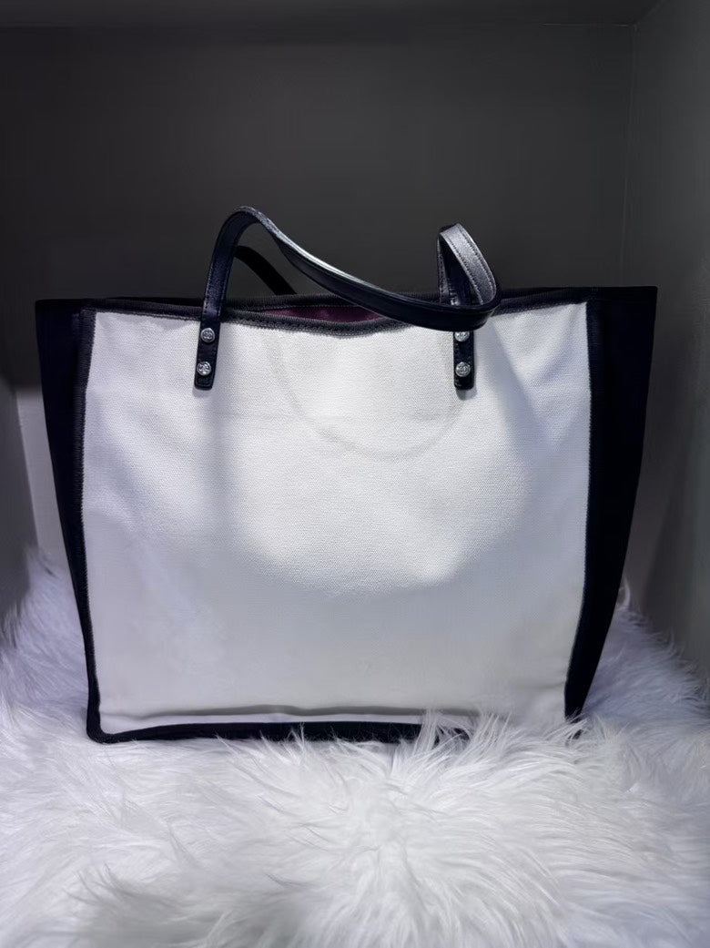Pre-loved CHANEL 5x5 Tote Bag in White and Black Canvas