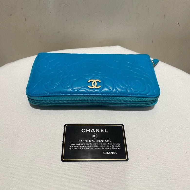 Chanel Camellia Embossed Blue Long Wallet with ity Card
