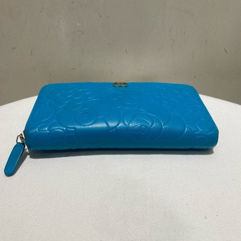 Chanel Camellia Embossed Blue Long Wallet with ity Card