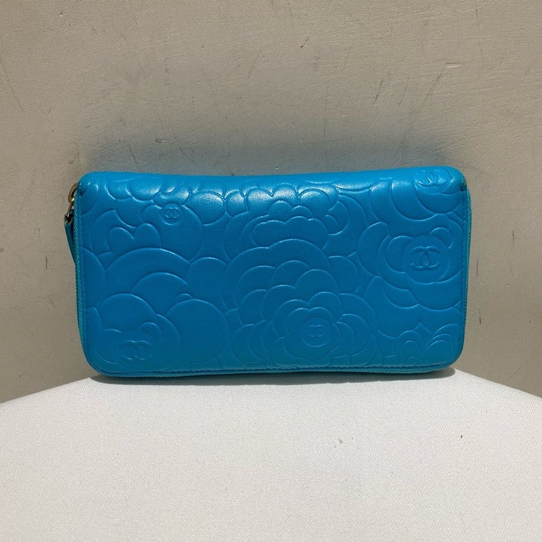 Chanel Camellia Embossed Blue Long Wallet with ity Card